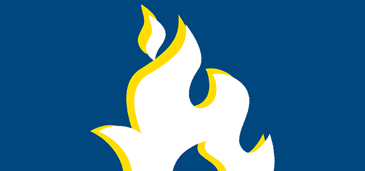 火图标，白色和黄色的火焰在蓝色的背景